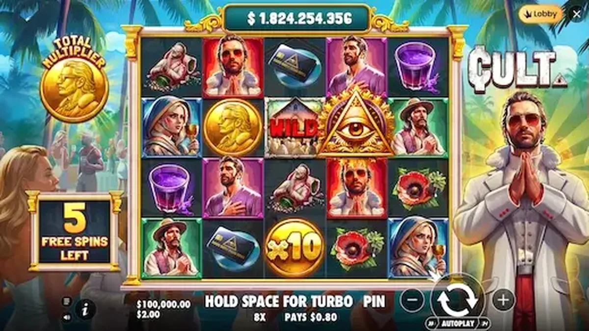 Tampilan visual slot bertema kultus dengan simbol okultisme dan suasana kuil yang gelap.