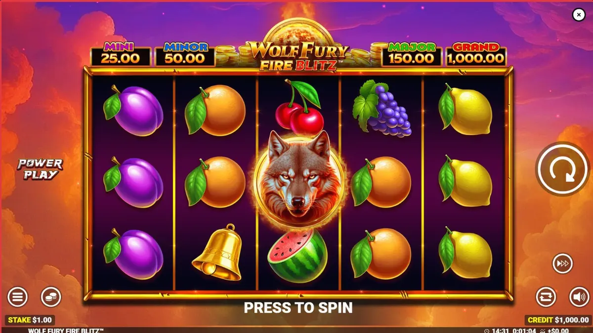 Tampilan visual slot Wolf Fury Fire Blitz dengan simbol buah dan serigala